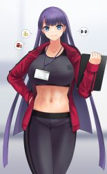 Rule 34 | 1girl, abs, black pants, blunt bangs, blush, breasts, clipboard, earrings, fate/grand order, fate (series), gachou, highres, jacket, jewelry, lanyard, large breasts, long hair, long sleeves, looking at viewer, martha (fate), midriff, navel, open clothes, open jacket, pants, purple hair, red jacket, smile, solo, sports bra, straight hair, yoga pants