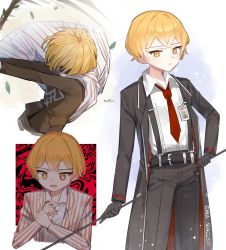 Rule 34 | 1boy, belt, black coat, blonde hair, branch, coat, highres, holding, holding weapon, id card, jacket, leaf, limbus company, long coat, love mintchoco, necktie, pants, project moon, red necktie, shaded face, shirt, short hair, sinclair (project moon), striped clothes, striped jacket, suspenders, weapon, white background, white shirt, yellow eyes