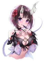 Rule 34 | + +, 1girl, :q, absurdres, black hair, blush, breasts, broken horn, cleavage, closed mouth, cropped torso, detached sleeves, eriko (princess connect!), eriko (summer) (princess connect!), flower, hair flower, hair ornament, hands up, highres, horns, long sleeves, looking at viewer, medium breasts, misekiss, multi-strapped bikini top, princess connect!, purple eyes, red flower, see-through, see-through sleeves, short hair, simple background, smile, solo, tongue, tongue out, upper body, white background