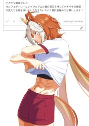 Rule 34 | 1girl, abs, absurdres, ahoge, alternate costume, animal ears, black sports bra, brown hair, closed mouth, clothes lift, commentary request, cowboy shot, ear covers, ear ornament, from side, hair between eyes, hair ornament, highres, horse ears, horse girl, horse tail, lifting own clothes, long hair, midriff, multicolored hair, navel, orfevre (umamusume), puffy short sleeves, puffy sleeves, purple eyes, red shorts, request inset, senchan 7, shirt, shirt lift, short sleeves, shorts, sidelocks, single ear cover, solo, sports bra, standing, streaked hair, tail, toned, toned female, tracen training uniform, translation request, umamusume, very long hair, white background, white hair, white shirt