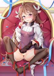 Rule 34 | 1girl, absurdres, animal ears, arknights, bad id, bad pixiv id, black legwear, blush, censored, curled horns, dress, eyjafjalla (arknights), feet, fur-trimmed dress, fur trim, goat horns, goggles, unworn goggles, grey dress, heart, heart-shaped pupils, highres, horns, looking at viewer, miaogujun, no shoes, originium arts (arknights), pussy juice, respirator, sheep ears, sheep girl, sheep horns, short hair, soles, solo, stuffed toy, symbol-shaped pupils, torn clothes, torn coat, torn dress, wool