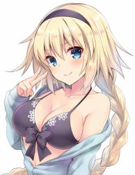 Rule 34 | 1girl, bankoku ayuya, bare shoulders, blonde hair, blue eyes, blue jacket, blush, braid, breasts, cleavage, closed mouth, collarbone, commentary request, fate/grand order, fate (series), hair between eyes, hairband, hand up, jacket, jeanne d&#039;arc (fate), jeanne d&#039;arc (ruler) (fate), jeanne d&#039;arc (swimsuit archer) (fate), jeanne d&#039;arc (swimsuit archer) (first ascension) (fate), large breasts, long hair, long sleeves, looking at viewer, navel, off shoulder, simple background, single braid, sleeves past wrists, smile, solo, upper body, v, v-shaped eyebrows, white background