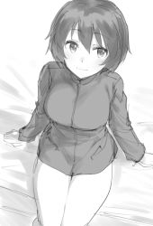 Rule 34 | 1girl, absurdres, arm support, brave witches, fankupl, greyscale, hair between eyes, highres, light smile, looking at viewer, monochrome, on bed, shimohara sadako, short hair, sitting, sketch, solo, world witches series