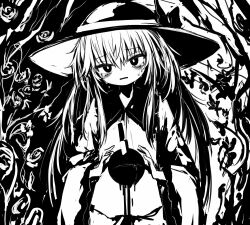 Rule 34 | 1girl, bow, bright pupils, buttons, collared shirt, crying, diamond button, eyeball, frilled shirt collar, frilled sleeves, frills, greyscale, hands up, hat, hat bow, hat ribbon, highres, komeiji koishi, long sleeves, looking at viewer, medium hair, monochrome, reverinth, ribbon, shirt, solo, third eye, touhou, wavy hair, white pupils, wide sleeves