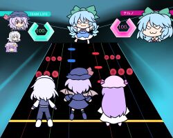 Rule 34 | 216, 4girls, :3, alternate costume, blue hair, blue skirt, blue vest, bow, chibi, cirno, closed mouth, collared shirt, commentary request, full body, green bow, grey hat, grey pants, grey vest, hair bow, hat, ice, ice wings, iosys parody, izayoi sakuya, long hair, mob cap, multiple girls, ongeki, pants, parody, patchouli knowledge, police, police uniform, policewoman, purple hair, remilia scarlet, shirt, short hair, skirt, smile, touhou, uniform, vest, white shirt, wings