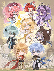 2024 3boys 5girls :&lt; :d ^_^ absurdres aglaea_(honkai:_star_rail) anaxa_(honkai:_star_rail) animal_ear_fluff animal_ears artist_name asymmetrical_hair barefoot black_gloves black_tiara blonde_hair blue_eyes blue_hair blunt_bangs braid broken_pillar bug butterfly castorice_(honkai:_star_rail) cat_ears cat_girl chest_tattoo chrysos_heirs_(honkai:_star_rail) cipher_(honkai:_star_rail) closed_eyes closed_mouth commentary_request dress eyepatch facial_tattoo fingerless_gloves fire floating flower frown full_body gloves green_eyes hair_between_eyes hair_flower hair_ornament hand_on_own_hip hand_tattoo highres honkai:_star_rail honkai_(series) hyacine_(honkai:_star_rail) insect koukouyang laurel_crown long_hair long_sleeves looking_at_viewer low-tied_long_hair multicolored_eyes multicolored_hair multiple_boys multiple_girls mydei_(honkai:_star_rail) open_mouth paw_pose phainon_(honkai:_star_rail) pillar pink_hair planted planted_sword planted_weapon pointy_ears ponytail purple_butterfly purple_eyes purple_gloves purple_hair pyrokinesis red_hair short_hair side_braid sidelocks single_braid sitting smile standing sword tattoo tiara tribbie_(honkai:_star_rail) twintails two-tone_eyes very_long_hair watermark weapon weibo_watermark white_dress white_flower yellow_eyes