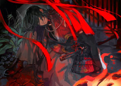 Rule 34 | 1boy, armor, black gloves, black hair, commentary, fingerless gloves, fire, gloves, holding, holding sheath, holding sword, holding weapon, izumi-no-kami kanesada, japanese armor, japanese clothes, katana, koby, long hair, male focus, outdoors, parted lips, plant, red eyes, scabbard, sheath, sheathed, solo, sword, touken ranbu, weapon