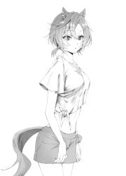 Rule 34 | 1girl, animal ears, arms at sides, breasts, cowboy shot, ear piercing, gaze on me! outfit (umamusume), greyscale, hair ornament, hairclip, highres, horse ears, horse girl, horse tail, looking at viewer, midriff, monochrome, navel, piercing, sakuramochi sei, scrunchie, shirt, shorts, small breasts, solo, t.m. opera o (umamusume), tail, tied shirt, umamusume, wrist scrunchie