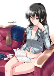 Rule 34 | 10s, 1girl, black eyes, black hair, blue shirt, blue skirt, book, couch, eyeglass, hairband, hand on own cheek, hand on own face, kantai collection, long hair, mikage takashi, navel, no pants, ooyodo (kancolle), open book, panties, partially unbuttoned, reading, shirt, skirt, solo, underwear, unworn hairband, unworn skirt, unworn thighhighs, white panties