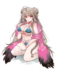 Rule 34 | 1girl, absurdres, arched back, azur lane, between legs, bikini, blue bikini, braid, braided bun, breasts, cleavage, curvy, double bun, formidable (azur lane), formidable (the lady of the beach) (azur lane), fur-trimmed sleeves, fur trim, hair bun, hand between legs, highres, kive, large breasts, looking at viewer, navel, official alternate costume, red eyes, simple background, single thighhigh, sitting, skin tight, skindentation, solo, strap, swimsuit, thick thighs, thighhighs, thighs, twin braids, underboob, undersized clothes, white hair, white thighhighs