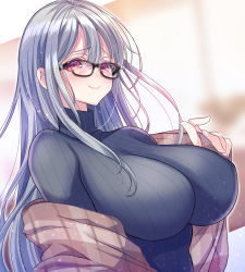 Rule 34 | 1girl, aizawa chihiro, black sweater, blurry, blurry background, blush, breasts, closed mouth, commentary request, glasses, hair between eyes, highres, impossible clothes, large breasts, long hair, looking at viewer, original, red eyes, ribbed sweater, shawl, sidelocks, silver hair, smile, solo, sweater, turtleneck, turtleneck sweater, upper body, white hair