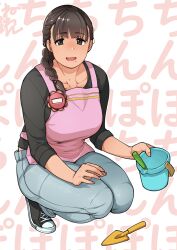 Rule 34 | 1girl, apron, braid, breasts, brown eyes, brown hair, bucket, commentary request, denim, hair over shoulder, jeans, large breasts, mole, mole under mouth, neone, original, pants, pink apron, shoes, single braid, sneakers, solo, squatting, trowel