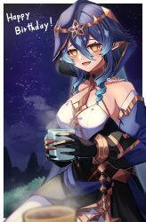 Rule 34 | 1girl, :d, absurdres, bare shoulders, black gloves, blue hair, blush, breasts, bright pupils, commentary request, cup, detached sleeves, drill hair, drill sidelocks, genshin impact, gloves, happy birthday, highres, holding, holding cup, hood, jewelry, layla (genshin impact), long hair, long sleeves, looking at viewer, medium breasts, mug, neck ring, night, night sky, open mouth, outdoors, pantyhose, pointy ears, reia hana, sidelocks, sitting, sky, smile, solo, thighlet, very long hair, white pantyhose, white pupils, yellow eyes
