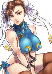 Rule 34 | 1girl, adapted costume, alternate headwear, alternate legwear, arm ribbon, bare shoulders, bracelet, breasts squeezed together, breasts, brown eyes, brown hair, brown thighhighs, bun cover, capcom, chun-li, covered erect nipples, double bun, earrings, hair bun, hair ribbon, impossible clothes, jewelry, large breasts, lips, navel, ribbon, short hair, sideboob, sitting, solo, spiked bracelet, spikes, street fighter, stud earrings, swimsuit, tears, tenjo (v cats7fang v), thighhighs, v arms
