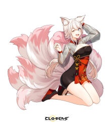 Rule 34 | 1girl, ;d, alternate hair color, animal ear fluff, animal ears, ankle bell, arm up, armpits, bare legs, black dress, black footwear, blue eyes, breasts, cleavage, cleavage cutout, closers, clothing cutout, copyright name, dress, fang, fingernails, fox ears, fox girl, fox tail, from side, full body, hand on own ear, hands up, high heels, highres, kitsune, kneeling, kyuubi, large breasts, layered dress, logo, long fingernails, long hair, long sleeves, looking at viewer, low twintails, multiple tails, official art, one eye closed, open mouth, paw pose, pink tail, red dress, see-through, see-through sleeves, smile, solo, tachi-e, tail, teeth, twintails, two-tone dress, upper teeth only, very long hair, wedge heels, white background, white hair, yuri seo