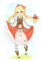 Rule 34 | 1girl, :d, blonde hair, bonnet, boots, braid, breasts, coat, cordelia (saga), dress, head scarf, juliet sleeves, long hair, long sleeves, low-tied long hair, open mouth, puffy sleeves, red eyes, saga, saga frontier 2, sm156, smile, solo, striped clothes, striped thighhighs, thighhighs, twin braids, twintails, vertical stripes
