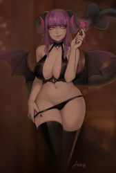 Rule 34 | 1girl, absurdres, bare shoulders, bat wings, black nails, black panties, black thighhighs, blunt bangs, breasts, cleavage, commentary, commission, curvy, demon girl, english commentary, hand up, highres, horns, jewelry, large breasts, licking, light smile, lips, long hair, looking at viewer, matilda fiship, nail polish, navel, original, panties, panty pull, pink eyes, pink lips, purple hair, signature, smile, solo, standing, tail, thighhighs, tongue, tongue out, underwear, wide hips, wings
