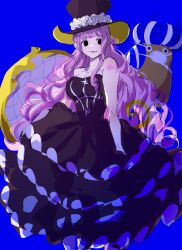 Rule 34 | 1girl, absurdres, arm tattoo, black dress, black eyes, blue background, blunt bangs, commentary request, dress, flower, frilled dress, frills, hat, highres, kumacy, light smile, long hair, looking to the side, mask, mouth mask, one piece, p4p q, perona, pink hair, rose, sidelocks, solo, stuffed toy, tattoo, top hat, umbrella, very long hair, white flower, white rose