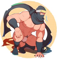 Rule 34 | 1boy, abs, absurdres, bara, black scarf, bulge, cross scar, crow (siranui), forehead protector, full body, fundoshi, highres, japanese clothes, large pectorals, male focus, male pubic hair, mask, mouth mask, muscular, muscular male, navel, ninja, ninja (crow), ninja mask, nipples, original, pectorals, pubic hair, pubic hair peek, scar, scar on arm, scar on chest, scarf, solo, squatting, stomach, thick thighs, thighs, topless male, translation request