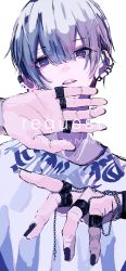 Rule 34 | 1boy, absurdres, artist name, black nails, commentary request, commission, ear piercing, english text, grey hair, hand chains, hands up, head tilt, highres, homare eramoh, jewelry, looking at viewer, male focus, multiple rings, nail polish, original, parted lips, piercing, purple eyes, ring, shirt, short hair, simple background, skeb commission, solo, upper body, white background, white shirt