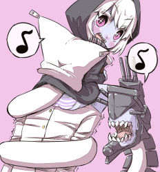 Rule 34 | + +, 10s, 1boy, 1girl, :d, abyssal ship, admiral (kancolle), bad id, bad pixiv id, blue panties, blush, buttons, chibi, colored skin, from behind, hood, hooded jacket, hugging tail, jacket, kantai collection, long sleeves, looking at viewer, musical note, open mouth, panties, personification, purple eyes, purple skin, quaver, re-class battleship, scarf, sharp teeth, short hair, smile, speech bubble, spoken musical note, striped clothes, striped panties, tail, tail wrap, teeth, trembling, turret, u-non (annon&#039;an), underwear, uniform, white hair
