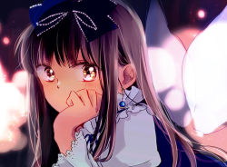 Rule 34 | 1girl, black hair, blue bow, blurry, blush, bow, covered mouth, depth of field, earrings, eyelashes, fairy, fairy wings, frills, from side, glowing, hair bow, head rest, jewelry, lace-trimmed sleeves, lace trim, long hair, looking at viewer, looking to the side, solo, star sapphire, touhou, upper body, wings, yellow eyes, yonu (yonurime)