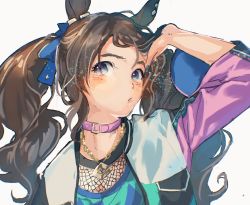 Rule 34 | 1girl, animal ears, arm up, blush, brown hair, chain, chain necklace, collar, grey eyes, highres, horse ears, jacket, jewelry, long hair, long sleeves, looking at viewer, necklace, open clothes, open jacket, solo, tanahashi beiko, tosen jordan (umamusume), tucking hair, twintails, umamusume, upper body, white background