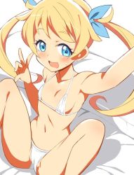 Rule 34 | 10s, 1girl, 9law, blonde hair, blue eyes, breasts, hair ribbon, kiratto pri chan, moegi emo, one-piece swimsuit, pretty series, ribbon, sitting, small breasts, smile, solo, swimsuit, twintails, white background, white one-piece swimsuit