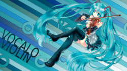 Rule 34 | 1girl, aqua eyes, aqua hair, boots, detached sleeves, hatsune miku, headset, high heel boots, high heels, highres, instrument, crossed legs, long hair, necktie, playing instrument, shoes, sitting, skirt, solo, striped, striped background, thigh boots, thighhighs, twintails, uemoto masato, very long hair, violin, vocaloid