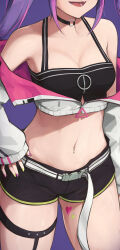 Rule 34 | 1girl, absurdres, belt, black shorts, breasts, choker, cleavage, cropped jacket, fang, head out of frame, highres, hololive, kanotype, leg tattoo, long hair, midriff, multicolored hair, navel piercing, o-ring, o-ring choker, open mouth, piercing, purple hair, shorts, skin fang, small breasts, tattoo, thigh strap, tokoyami towa, tokoyami towa (1st costume), virtual youtuber