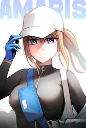 Rule 34 | 1girl, bag, baseball cap, blonde hair, blue eyes, blue gloves, breasts, character name, closed mouth, commentary, english commentary, english text, girls&#039; frontline, gloves, hat, highres, long hair, looking at viewer, mixed-language commentary, ponytail, scar-h (girls&#039; frontline), senpaihawkkun, sidelocks, solo, straight-on
