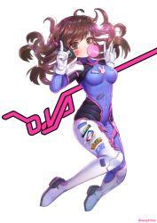 Rule 34 | 1girl, animal print, armor, bad id, bad pixiv id, bodysuit, boots, bracer, breasts, brown eyes, brown hair, blowing bubbles, character name, chewing gum, covered navel, d.va (overwatch), emblem, facepaint, facial mark, floating hair, gloves, hanato (seonoaiko), hands up, headphones, logo, long hair, long sleeves, looking at viewer, medium breasts, midair, overwatch, overwatch 1, pauldrons, pilot suit, pointing, pointing up, rabbit print, ribbed bodysuit, shoulder armor, shoulder pads, simple background, skin tight, solo, thigh boots, thigh strap, thighhighs, turtleneck, twitter username, whisker markings, white background, white footwear, white gloves, white thighhighs