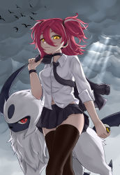 Rule 34 | 1girl, absol, absurdres, black skirt, chinese commentary, choker, creatures (company), crossover, game freak, gen 3 pokemon, hair between eyes, heluo official, highres, holding, holding clothes, holding jacket, holding poke ball, hololive, hololive china, jacket, jacket over shoulder, unworn jacket, looking at viewer, looking down, nintendo, poke ball, pokemon, pokemon (creature), red eyes, red hair, skirt, thighhighs, twintails, ultra ball, virtual youtuber, walking, yellow eyes, yogiri (hololive)