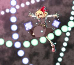 Rule 34 | 1girl, belt, blonde hair, danmaku, embodiment of scarlet devil, fang, female focus, flying, hair ribbon, open mouth, outstretched arms, red eyes, ribbon, rumia, sanshirou, short hair, smile, solo, spread arms, touhou