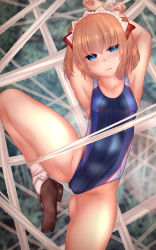 Rule 34 | 1girl, arm up, blonde hair, blue eyes, blue one-piece swimsuit, bow, breasts, brown footwear, closed mouth, collarbone, commission, competition swimsuit, fairy, fairy wings, highres, looking at viewer, mary janes, one-piece swimsuit, orange hair, pixiv commission, restrained, revision, shoes, short hair, shounen (hogehoge), silk, small breasts, spider web, sunny milk, sweat, swimsuit, touhou, wings
