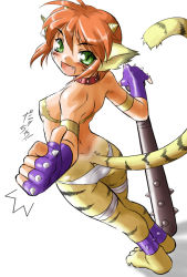 Rule 34 | 1girl, animal ears, blush, breasts, breath of fire, breath of fire ii, bustier, cat ears, cat tail, dr.p, facial mark, furry, furry female, gloves, green eyes, no pants, orange hair, panties, pointy ears, red hair, rinpoo chuan, short hair, solo, staff, tail, underwear