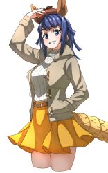 Rule 34 | 1girl, armadillo ears, armadillo tail, beige jacket, beret, blue eyes, blue hair, brown hat, commentary request, cowboy shot, extra ears, giant armadillo (kemono friends), hand in pocket, hand on headwear, hat, high-waist skirt, highres, kemono friends, kemono friends 3, long sleeves, official alternate costume, pleated skirt, short hair, simple background, skirt, solo, sweater, tanabe (fueisei), turtleneck, turtleneck sweater, white background, white sweater, yellow skirt