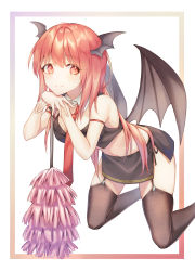 Rule 34 | 1girl, arm strap, bare arms, bare shoulders, black shirt, black skirt, black thighhighs, blush, breasts, cha chya, commentary, crop top, demon wings, detached collar, duster, feather duster, feet out of frame, garter straps, hands up, head wings, highres, kneeling, koakuma, leaning forward, long hair, looking at viewer, medium breasts, midriff, miniskirt, navel, necktie, outside border, planted, red eyes, red hair, red necktie, shirt, side slit, simple background, skirt, sleeveless, sleeveless shirt, smile, solo, stomach, thighhighs, thighs, touhou, white background, wings