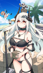 Rule 34 | 3girls, angelina (arknights), angelina (summer flower) (arknights), animal ears, arknights, bad id, bad pixiv id, beach, beach umbrella, bikini, black bikini, black collar, blue sky, breasts, brown hair, cellphone, character doll, character name, cleavage, cloud, collar, commentary, cowboy shot, cup, day, demon horns, floating, fox ears, groin, hair between eyes, hair ornament, hammer, highres, holding, holding cube, holding cup, holding phone, horns, infection monitor (arknights), jewelry, large breasts, long hair, looking up, material growth, mudrock (arknights), mudrock (silent night) (arknights), mudrock colossus (arknights), multiple girls, necklace, ocean, official alternate costume, one-piece swimsuit, one eye closed, oripathy lesion (arknights), orirock (arknights), outdoors, palm tree, phone, planted, planted umbrella, purerin, red eyes, red one-piece swimsuit, sand, skindentation, sky, smartphone, solo focus, sussurro (arknights), sussurro (summer flower) (arknights), swimsuit, taking picture, thigh strap, thighs, tree, umbrella, underboob, v over eye, very long hair, white hair