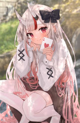 Rule 34 | 1girl, absurdres, ace (playing card), ace of hearts, black bow, blush, bow, card, commentary request, day, gradient hair, grey hair, hair bow, heart, highres, holding, holding card, hololive, horns, long hair, looking at viewer, maikro, multicolored hair, nakiri ayame, playing card, red eyes, red hair, skin-covered horns, skirt, smile, solo, thighhighs, virtual youtuber, white thighhighs, zettai ryouiki
