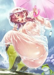 Rule 34 | 1girl, ass, blush, boots, breasts, comic megastore, covered erect nipples, flower, frog, green footwear, holding, hydrangea, large breasts, long hair, looking at viewer, naked raincoat, nishieda, open mouth, original, pink hair, purple eyes, purple hair, pussy, rain, raincoat, rubber boots, see-through, solo, squatting, transparent raincoat, umbrella, v, wet, wet clothes, yellow footwear