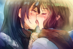 Rule 34 | 2girls, black hair, brown hair, character request, couple, closed eyes, french kiss, kiss, multiple girls, original, saliva, scarf, sketch, yui 7, yuri