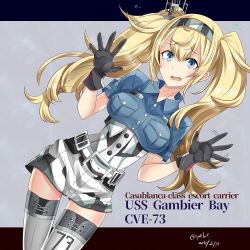 Rule 34 | 1girl, belt, belt buckle, black gloves, blonde hair, blue eyes, blush, breast pocket, breasts, buckle, buttons, character name, dated, gambier bay (kancolle), gloves, hair between eyes, hebitsukai-san, highres, kantai collection, long hair, looking at viewer, medium breasts, open mouth, pocket, solo, tears, thighhighs, twintails, twitter username