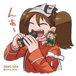 Rule 34 | 2girls, :d, brown hair, chibi, closed eyes, dated, eating, ehoumaki, fairy (kancolle), fang, food, food request, jacket, kantai collection, long sleeves, makizushi, mask, mask on head, mini person, minigirl, multiple girls, noumiso, open mouth, red jacket, ryuujou (kancolle), simple background, smile, sushi, twintails, twitter username, upper body, white background