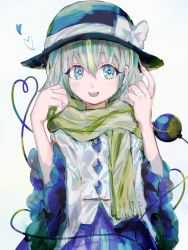 Rule 34 | 1girl, aqua hair, black hat, blouse, blue eyes, blue skirt, buttons, cowboy shot, diamond button, eyeball, eyebrows hidden by hair, frilled skirt, frills, green scarf, hair between eyes, hat, hat ribbon, heart, heart-shaped pupils, heart of string, highres, komeiji koishi, long sleeves, looking to the side, medium hair, open mouth, ribbon, rin (rin7kan7), scarf, shirt, simple background, skirt, smile, solo, symbol-shaped pupils, teeth, third eye, touhou, upper teeth only, wavy hair, white background, white ribbon, white shirt, wide sleeves