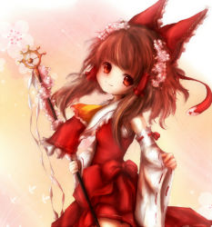 Rule 34 | 1girl, amano jack, ascot, bad id, bad pixiv id, bow, brown hair, cherry blossoms, detached sleeves, dress, flower, gohei, hair bow, hair flower, hair ornament, hair tubes, hakurei reimu, long hair, long sleeves, looking at viewer, red dress, red eyes, sarashi, smile, solo, touhou, wide sleeves