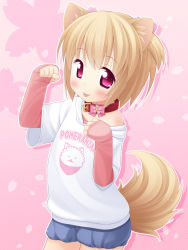 Rule 34 | 1girl, :p, animal ears, blonde hair, clothes writing, collar, animal collar, dog ears, dog tail, haru (inuarashi), highres, inuarashi, looking at viewer, off shoulder, original, paw pose, pink background, red eyes, shirt, short hair, solo, t-shirt, tail, tongue, tongue out