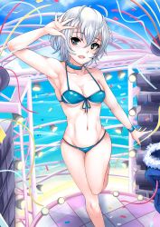 Rule 34 | 10s, 1girl, anastasia (idolmaster), armpits, bikini, blue bikini, blue eyes, blue neckwear, breasts, cleavage, collarbone, confetti, front-tie top, hand up, highres, idolmaster, idolmaster cinderella girls, navel, nonoririn, open mouth, short hair, silver hair, solo, stage, standing, swimsuit, wristband