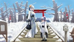 Rule 34 | 2girls, azur lane, bag, bare tree, black bow, black footwear, blue eyes, blue sky, boots, bow, breasts, closed mouth, commentary request, day, dogi, flower, fur-trimmed boots, fur trim, hair between eyes, hair flower, hair ornament, handbag, head tilt, holding, holding bag, holding stuffed toy, illustrious (azur lane), japanese clothes, kimono, large breasts, long hair, long sleeves, looking at viewer, multiple girls, obi, outdoors, pantyhose, purple eyes, purple hair, sash, shrine, silver hair, sky, sleeves past wrists, smile, snow, stairs, standing, stone lantern, stone stairs, stuffed animal, stuffed toy, stuffed unicorn, torii, tree, unicorn (azur lane), white kimono, white legwear, wide sleeves