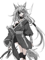 Rule 34 | 1girl, alternate costume, animal ears, arknights, black choker, black legwear, black nails, breasts, choker, eyepatch, facial mark, feet out of frame, fingerless gloves, gloves, grey eyes, hair between eyes, hair ornament, hairclip, highres, holding, holding sword, holding weapon, knee brace, lappland (arknights), long hair, looking at viewer, material growth, medium breasts, messy hair, nail polish, nga (ray ray), originium (arknights), oripathy lesion (arknights), scar, silver hair, simple background, slit pupils, smile, solo, sword, tail, very long hair, walking, weapon, white background, wolf ears, wolf girl, wolf tail